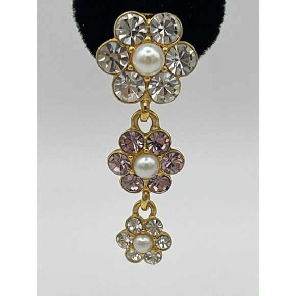 Monet Drop Flowers Clip Back Earrings Rhinestone Faux Pearls - Picture 2 of 10